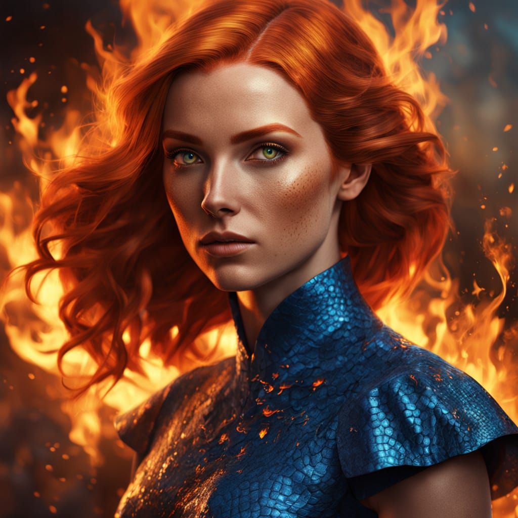 Surreal Actress Emerges from Fiery Flames in Hyper-Realistic...