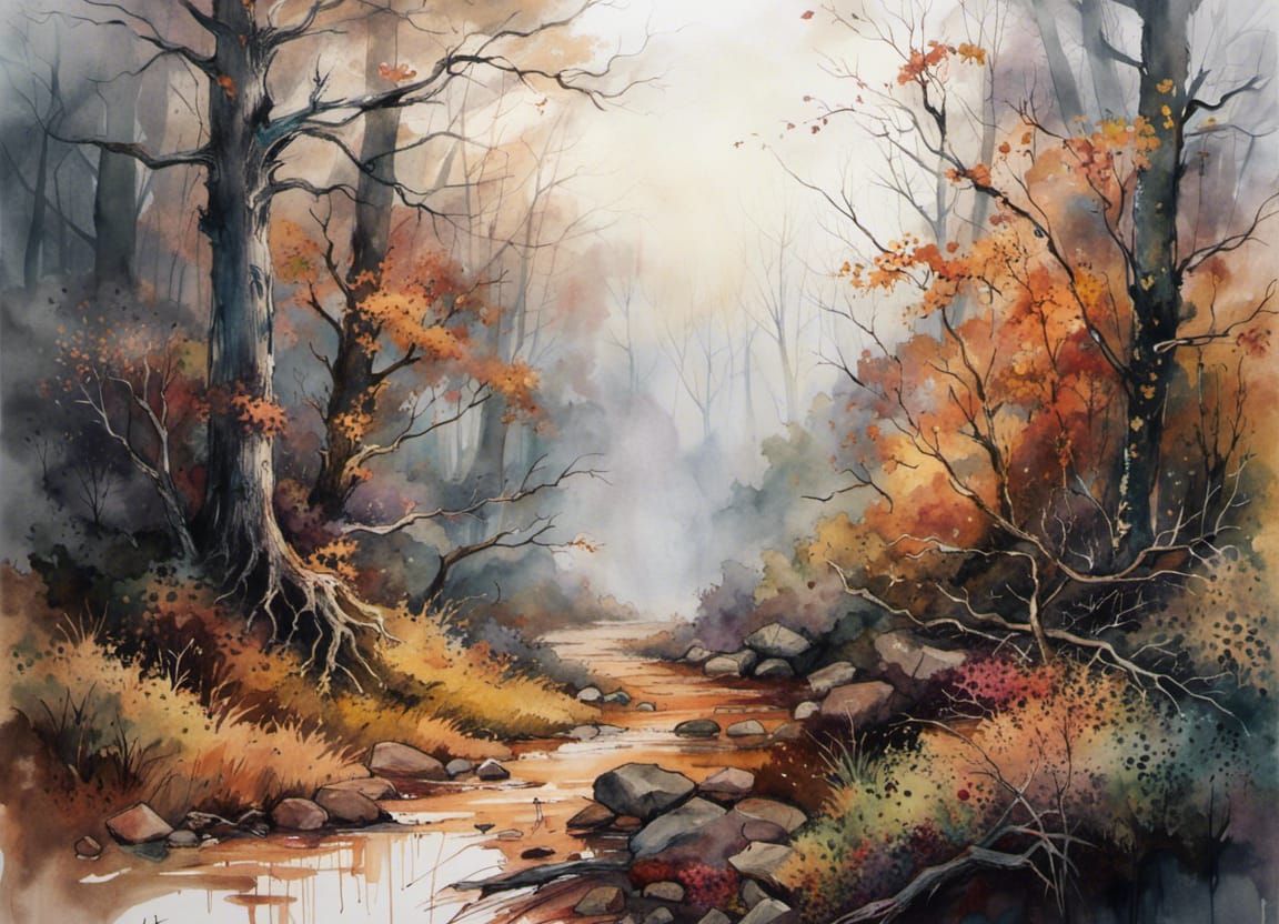 Misty Autumnal Landscape in Watercolor Style