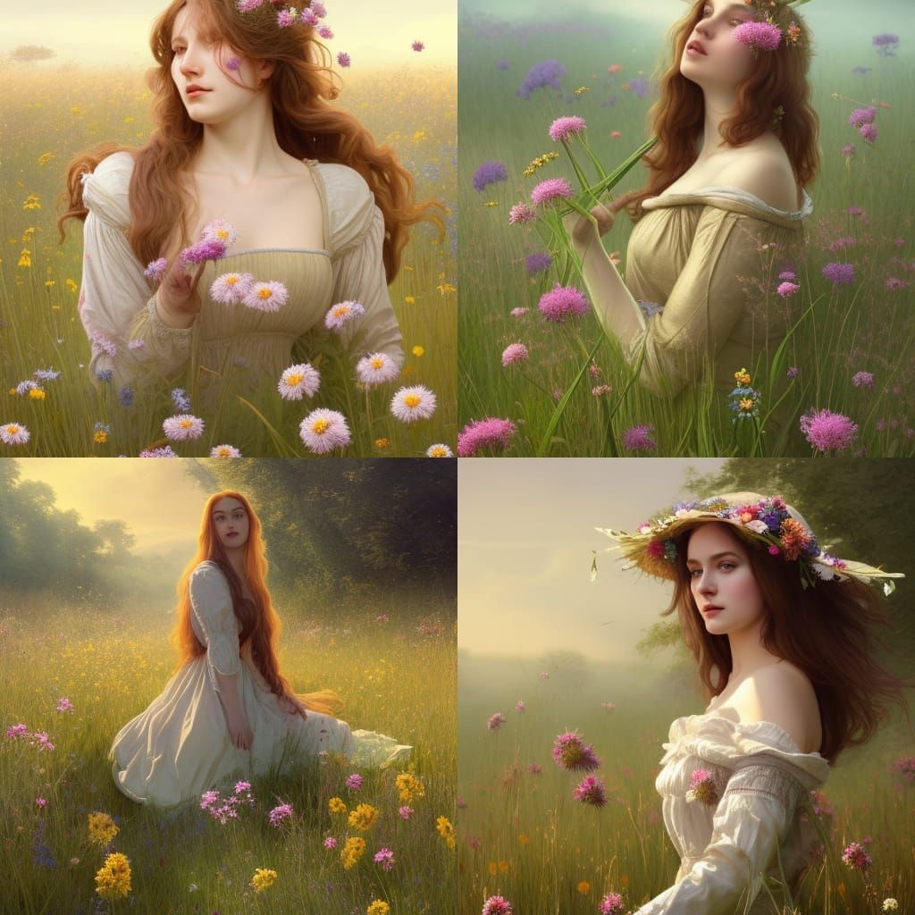 English Maiden in Wildflower Meadow, Art Nouveau Portrait