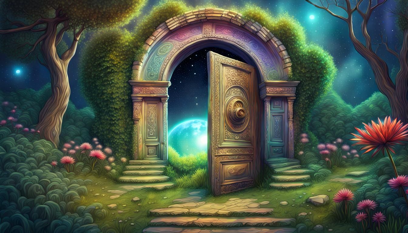 A closed ancient door in the garden,