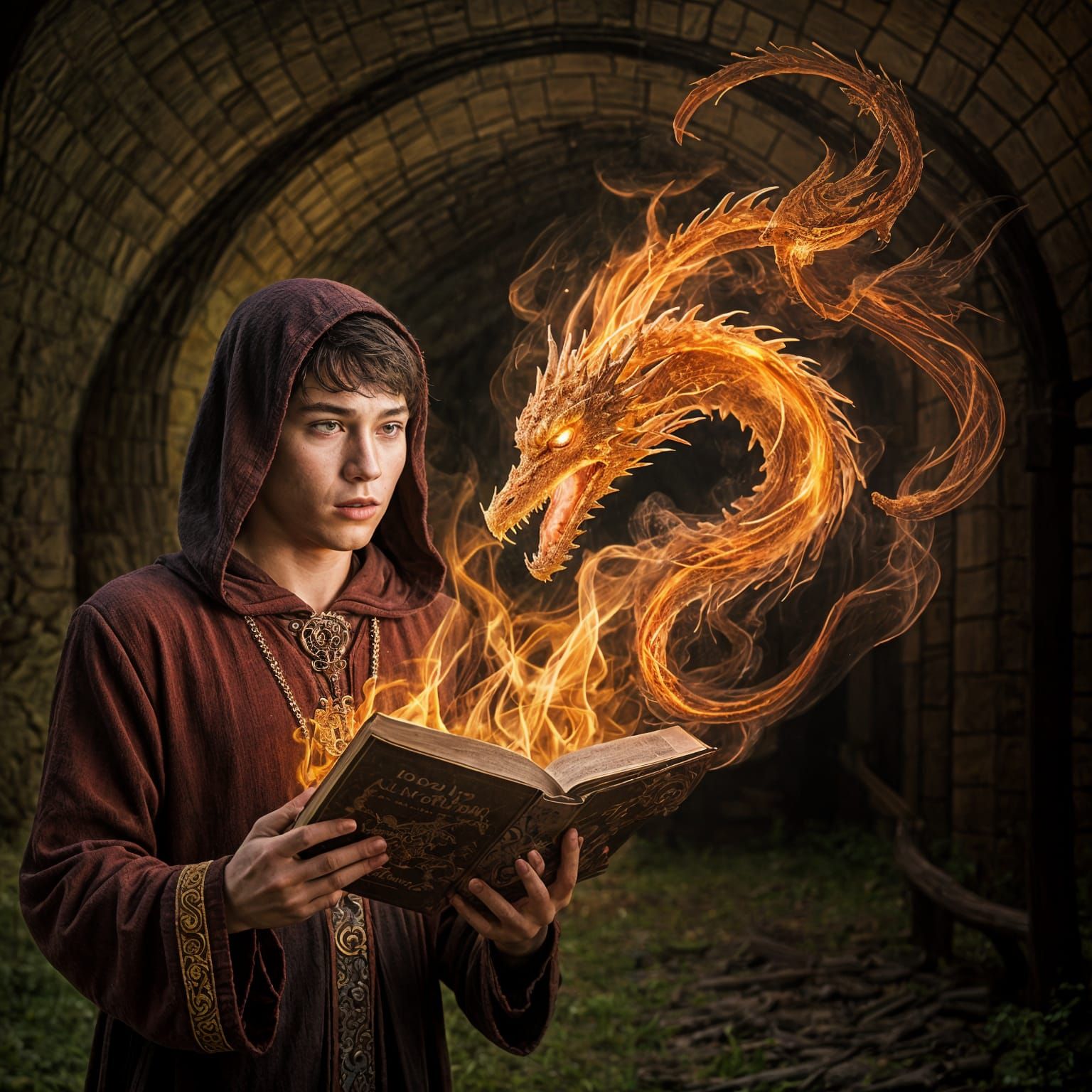 Young Sorcerer Conjures Fire Dragon Spell