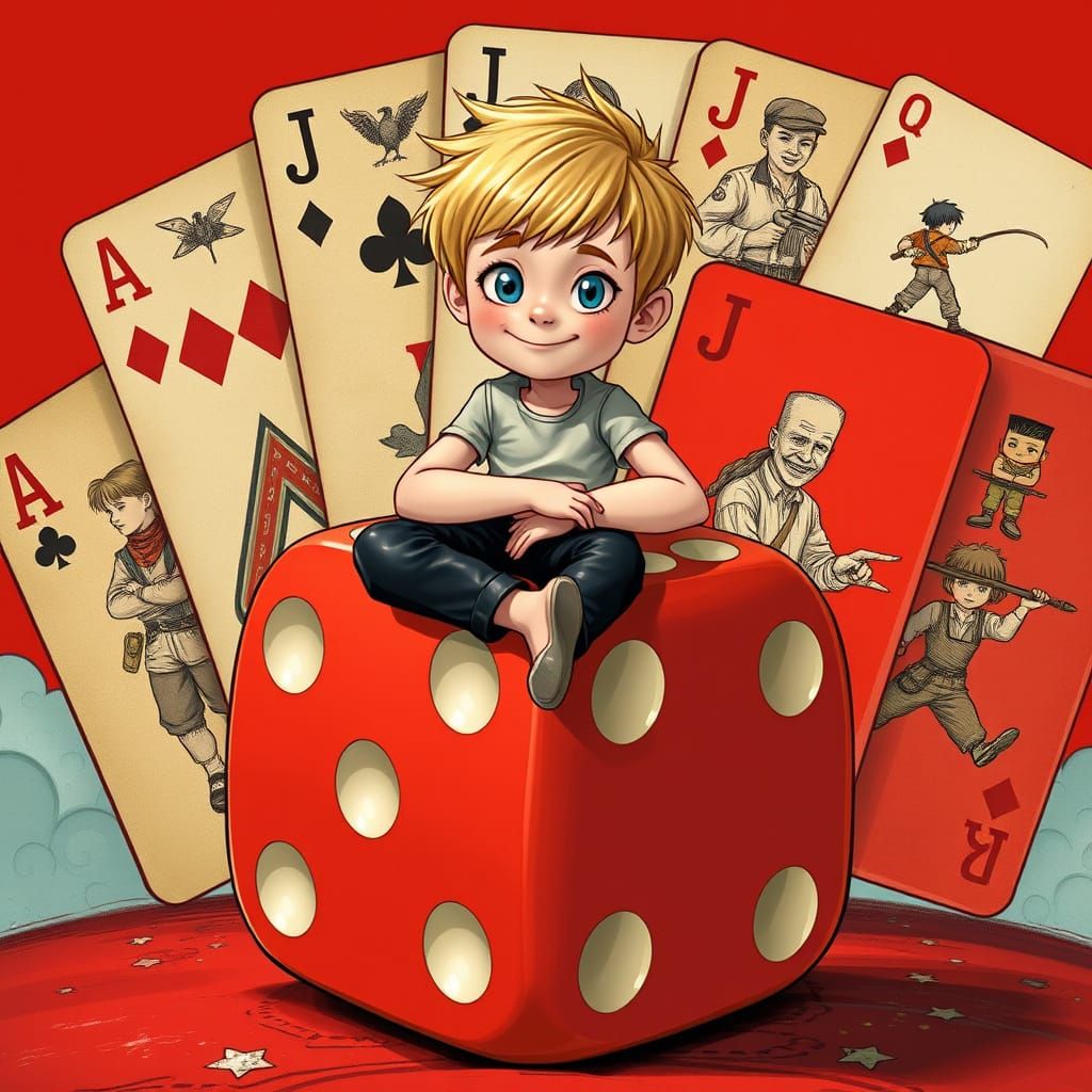 Young Boy Sits on a Giant Six-Sided Die in a Whimsical, Drea...