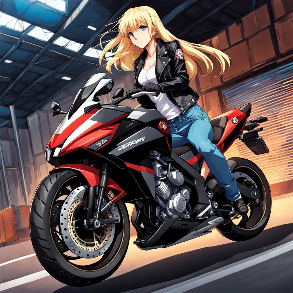 Anime Girl on Sports Bike in Leather Jacket