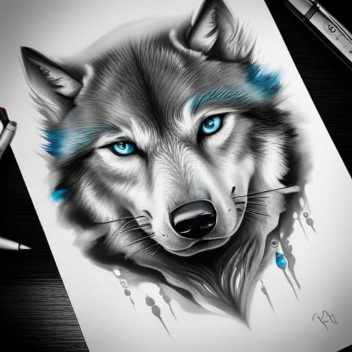 Hyperdetailed Charcoal Wolf Tattoo with Blue Eyes
