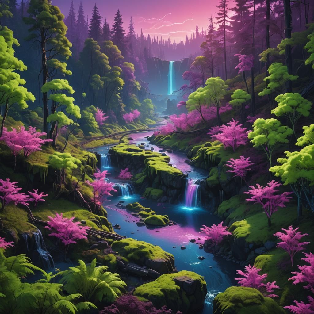 Luminous River Flows Through Bioluminescent Forest