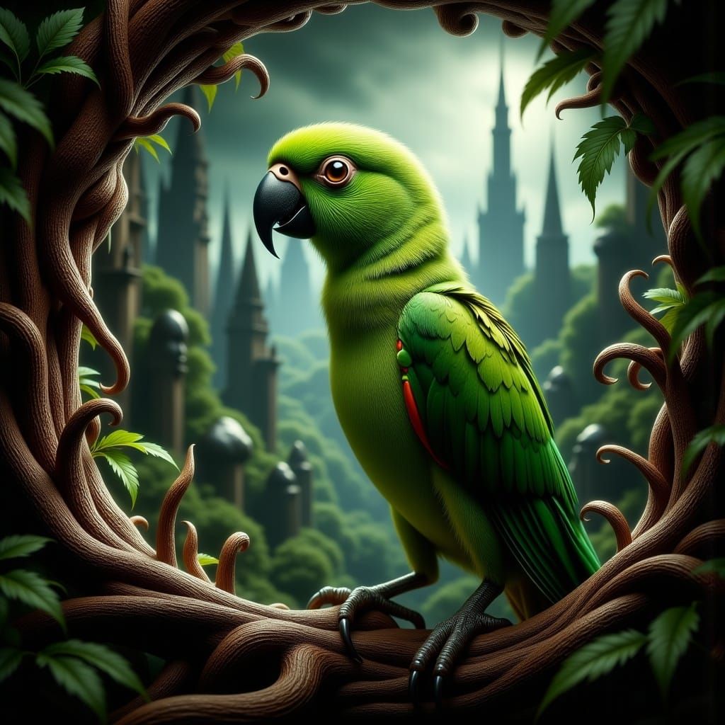 Green-Cheeked Conure in Post-Apocalyptic Jungle