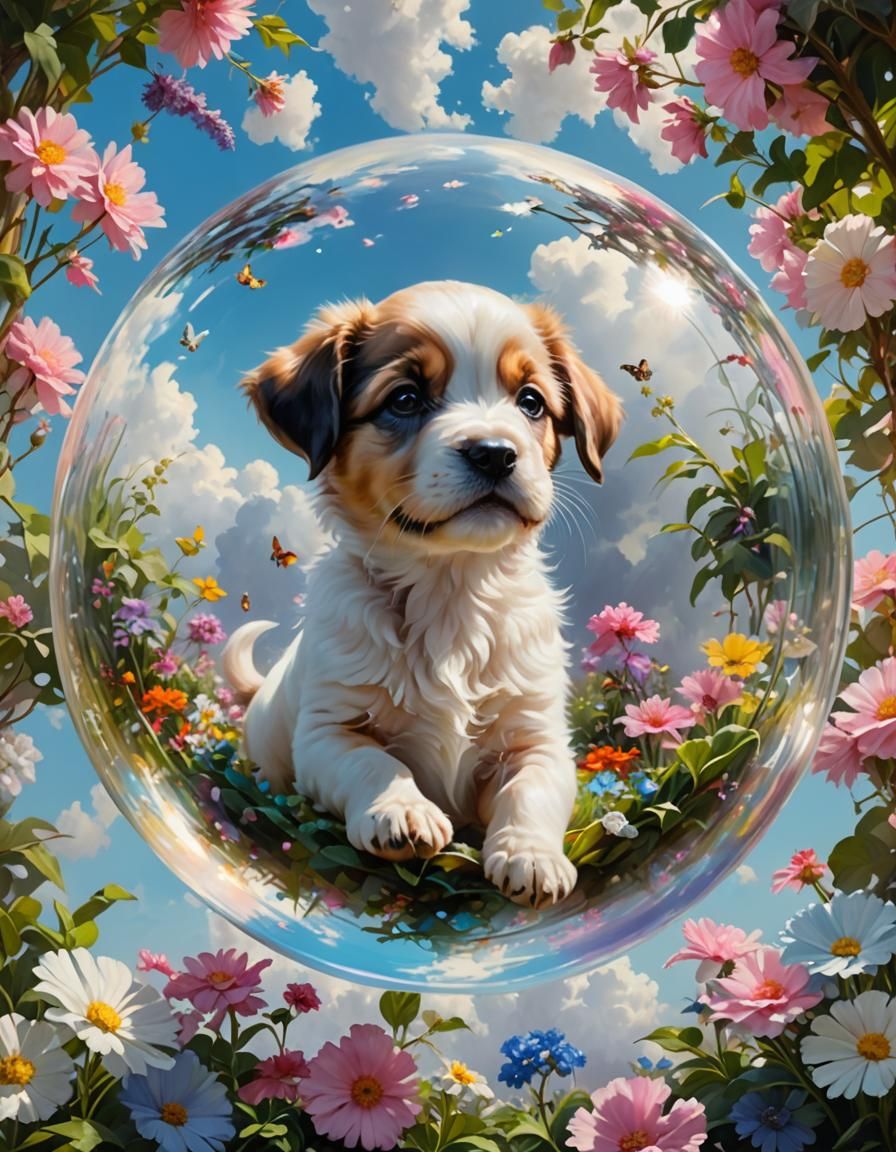 A puppy floating in a bubble
