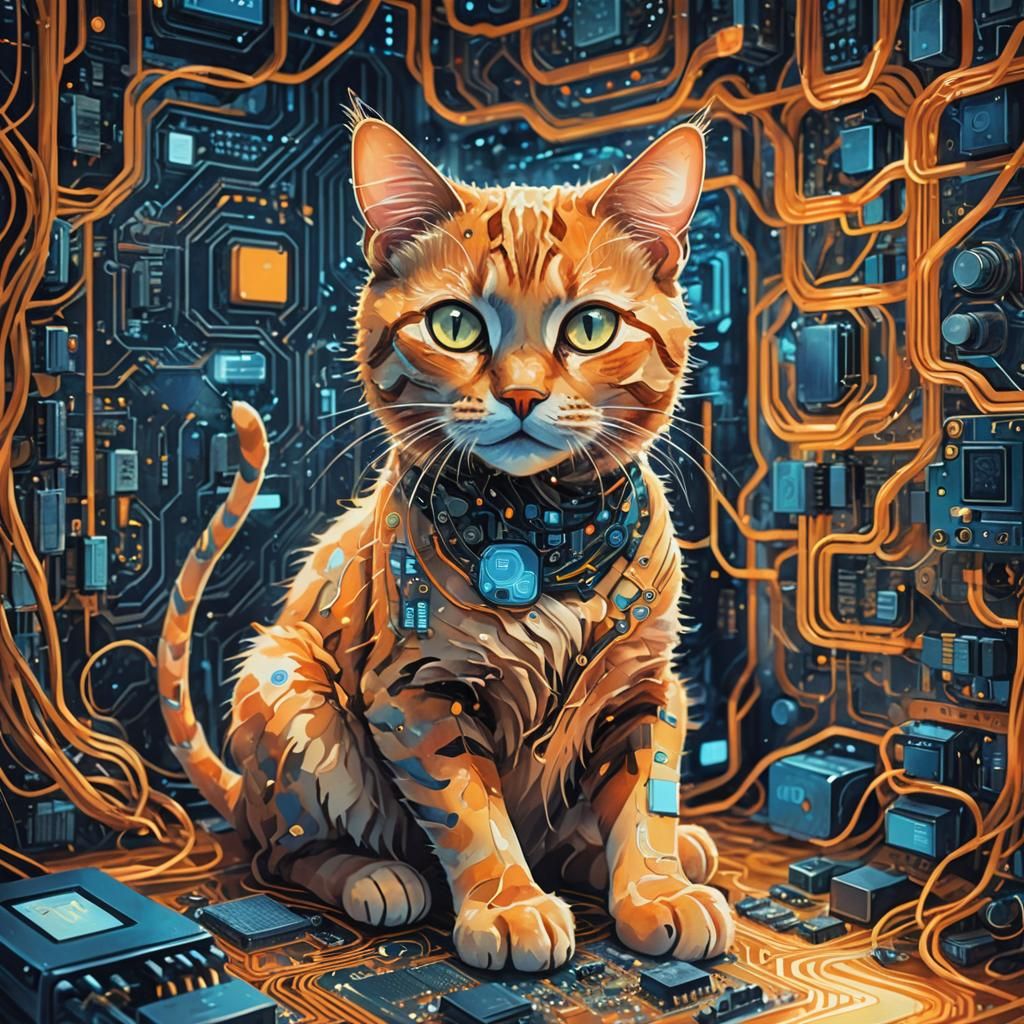 Cat Exploring Computer Circuitry: Digital Fantasy Art