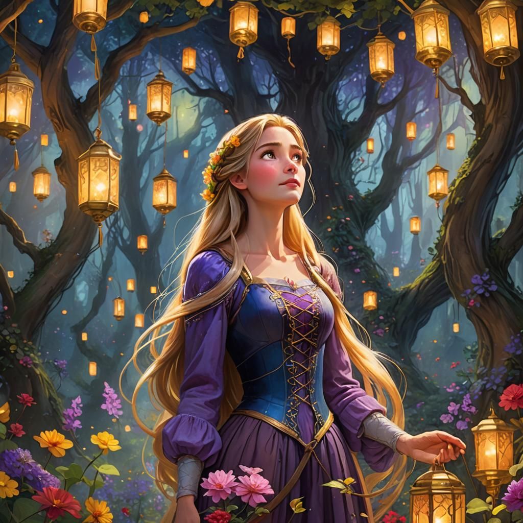 Rapunzel in Mystical Forest with Floating Lanterns