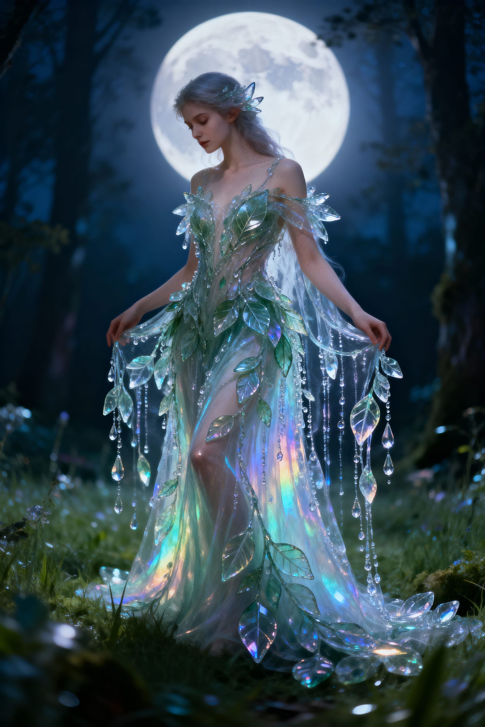 Forest Spirit in Dew-Kissed Glass Leaf Dress