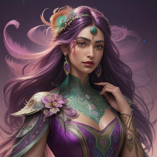 Peacock Haired Woman Portrait in Art Nouveau Style