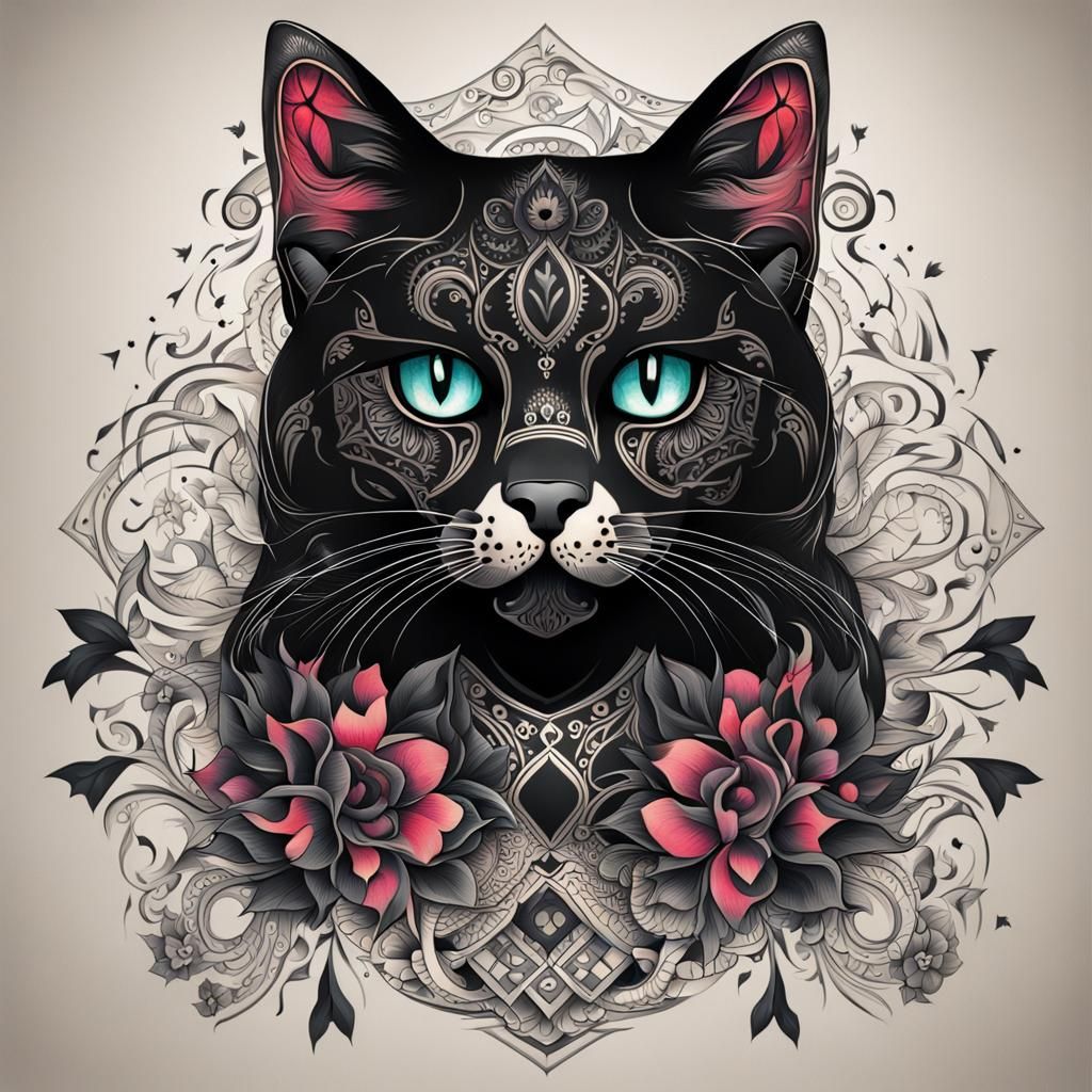 Black Cat with Intricate Tattoo Art