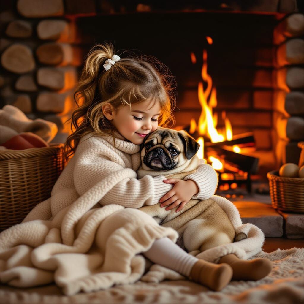Cozy Girl and Pug by Fireplace in Potter Style