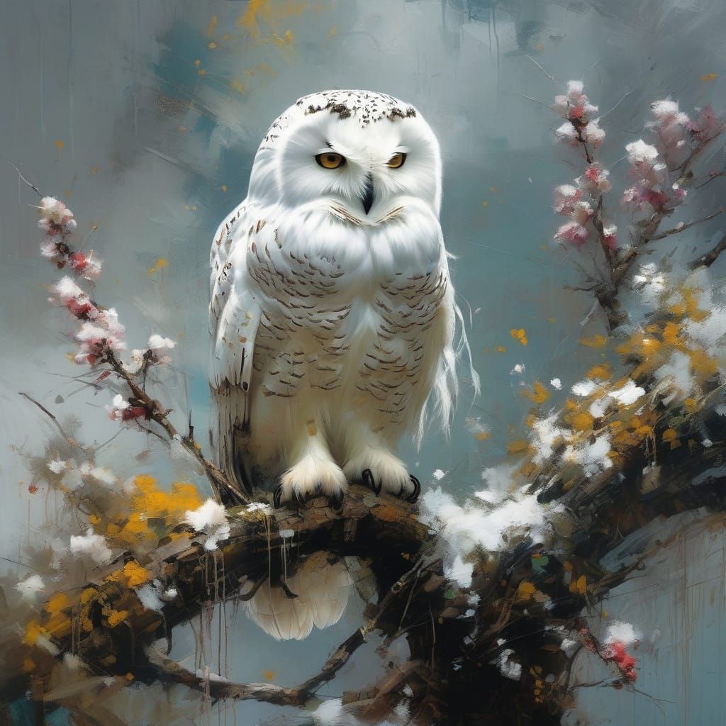 Emotional Snow Owl on Apple Blossom Tree