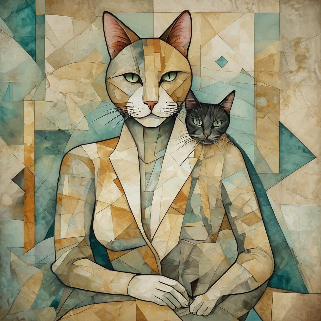 Woman and Cat in Cubist Art Deco Style