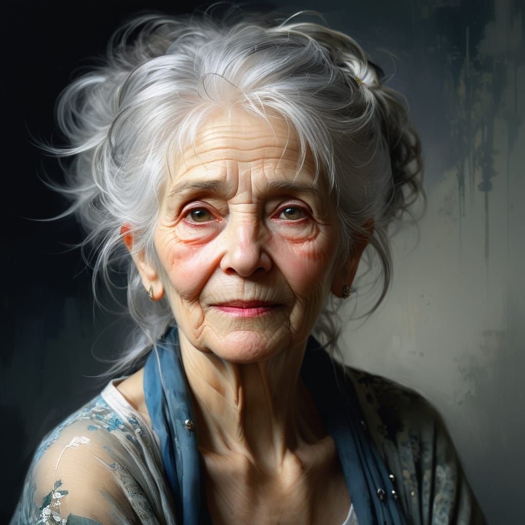 A Happy Elderly Woman with Wild Silver Hair in Warm Morning ...