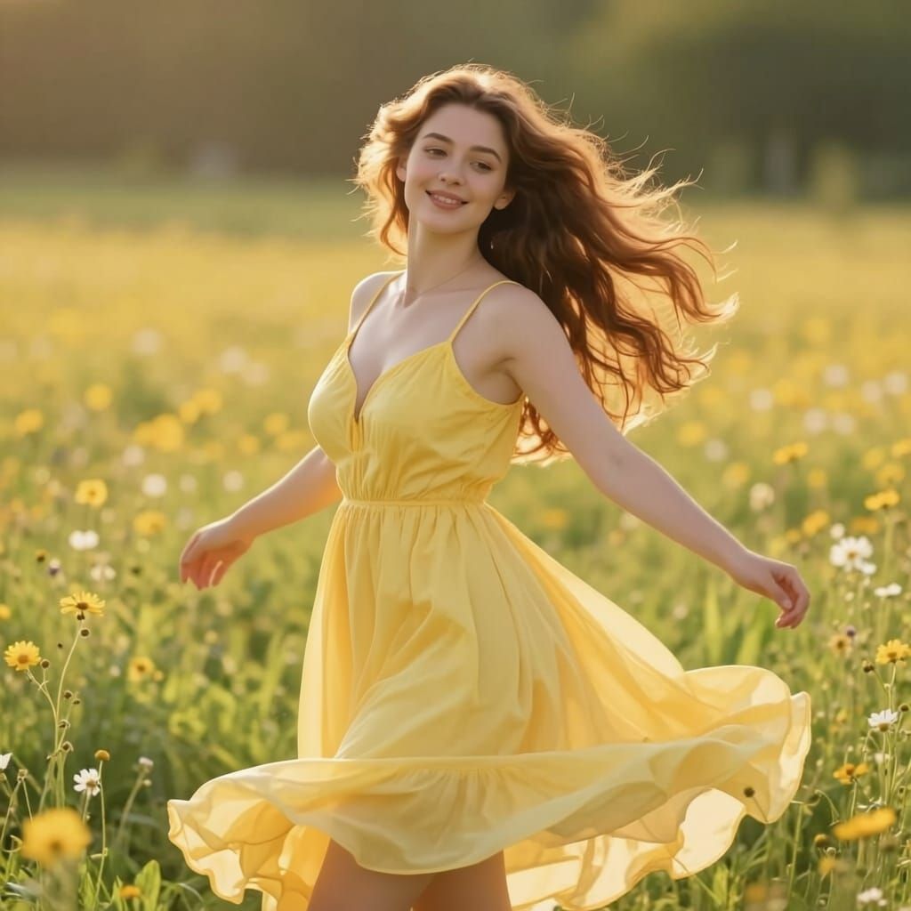 Woman Spinning Joyfully in a Sunny Field Wearing a Sundress