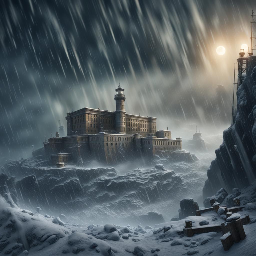 Blizzard on Alcatraz Island: Detailed Matte Painting