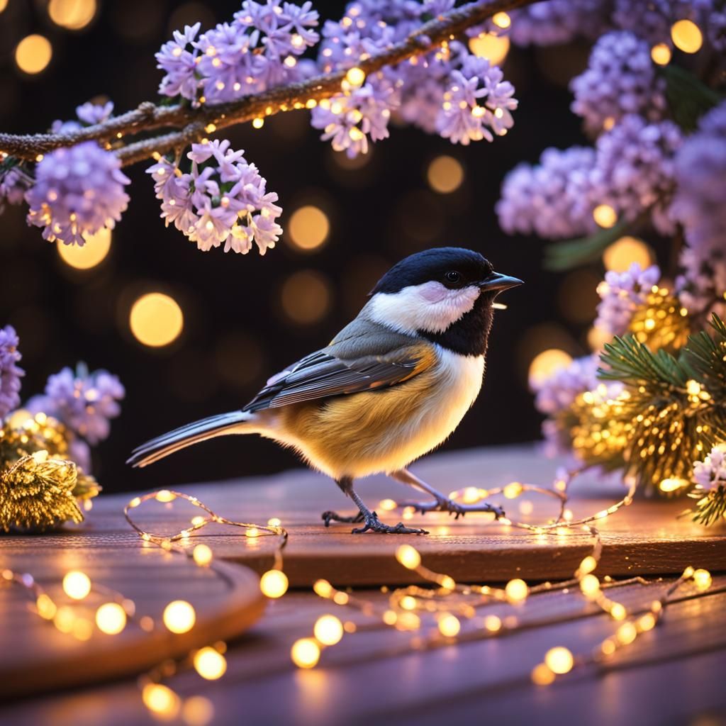 Chickadee Among Golden Lights: Hyperrealistic Bird Photograp...
