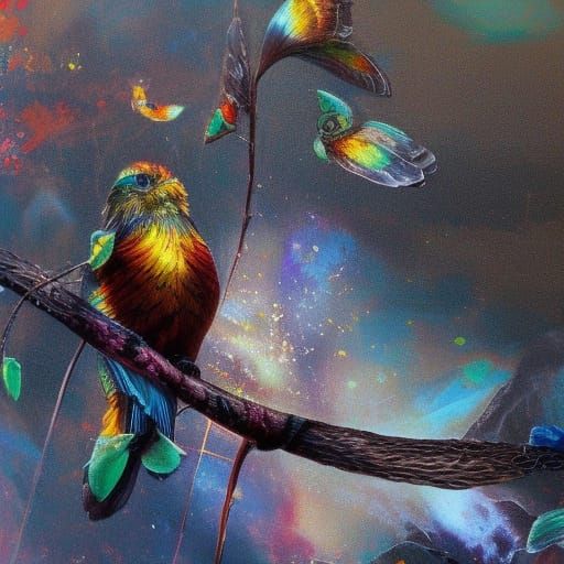 Colorful Bird Parachuting with Oil Gouache Effects