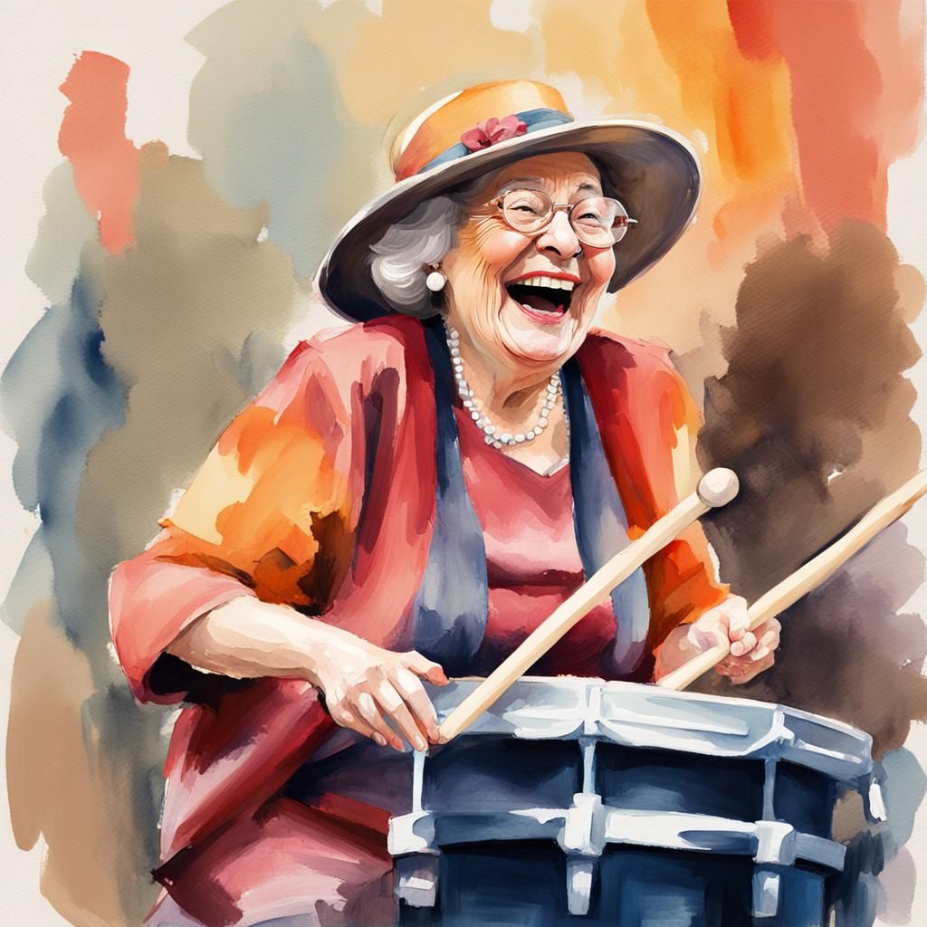 Laughing Grandma Plays Drums in Watercolor Style