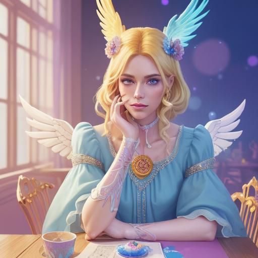 Blonde Tarot Reader with Phoenix in Candy Art Style