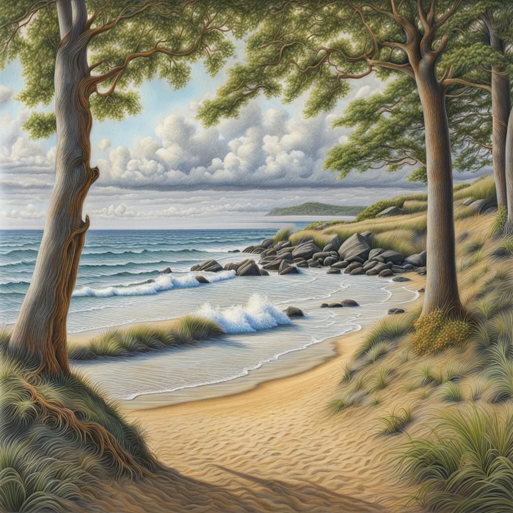 Detailed Colored Pencil Beach Drawing in Summer Colors