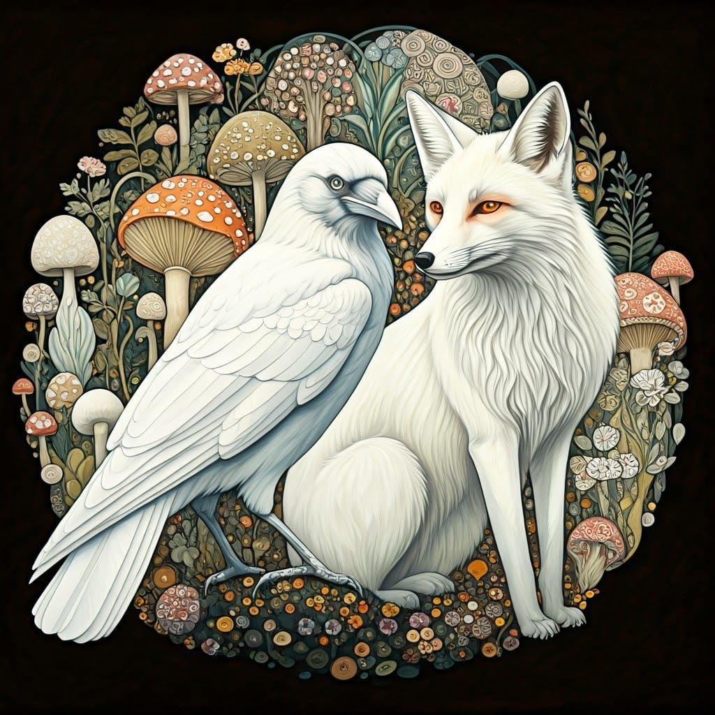 Ethereal Pure White Crow and Fox in Art Nouveau Style