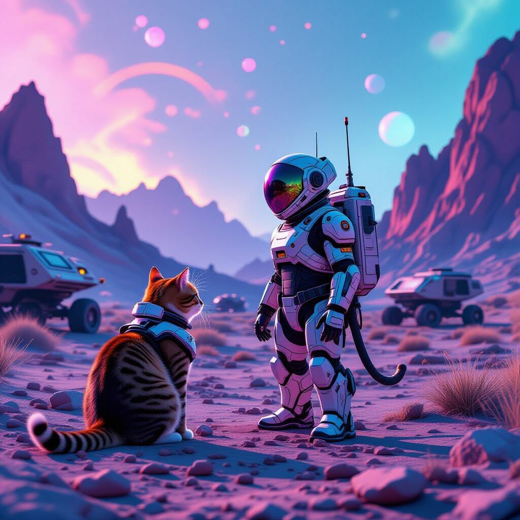 Exosuit Cat Explores Neon Alien Planet