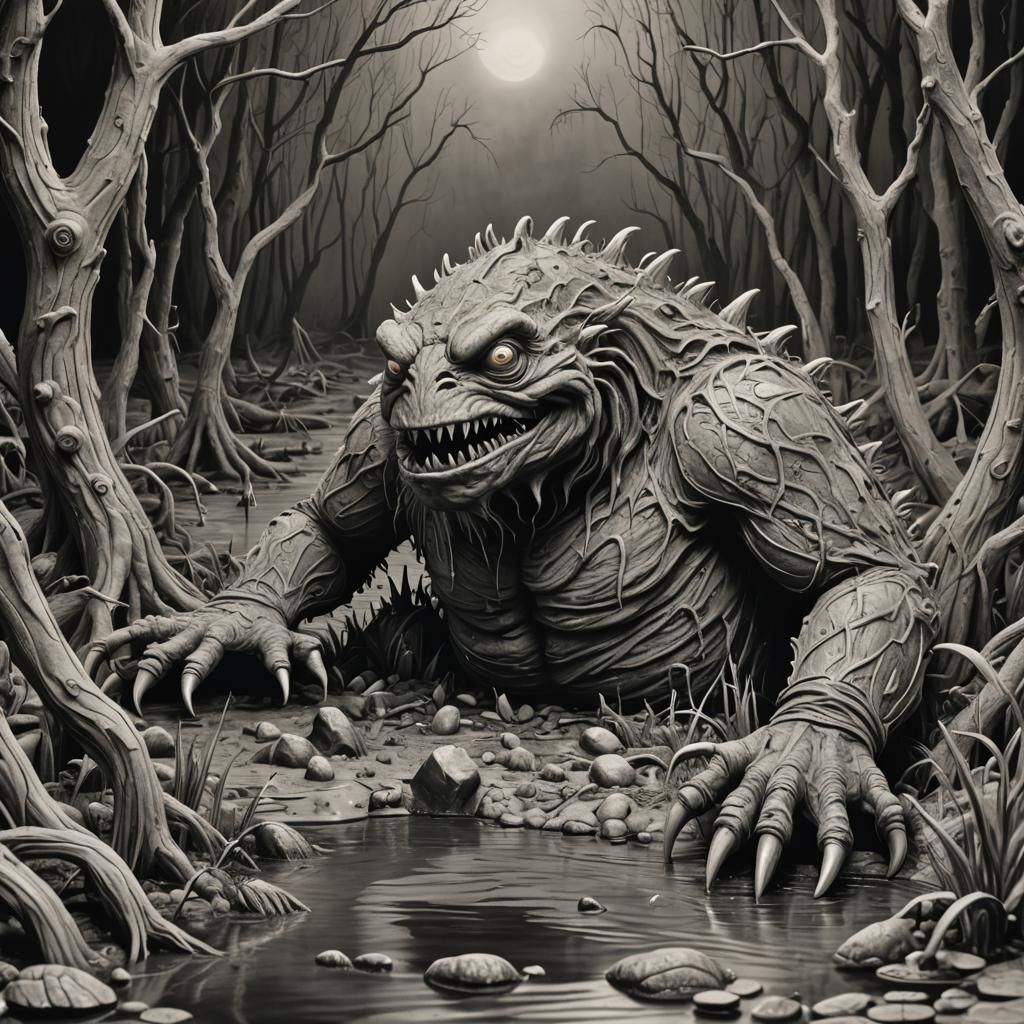 Claymation Swamp Monster in Charcoal Style