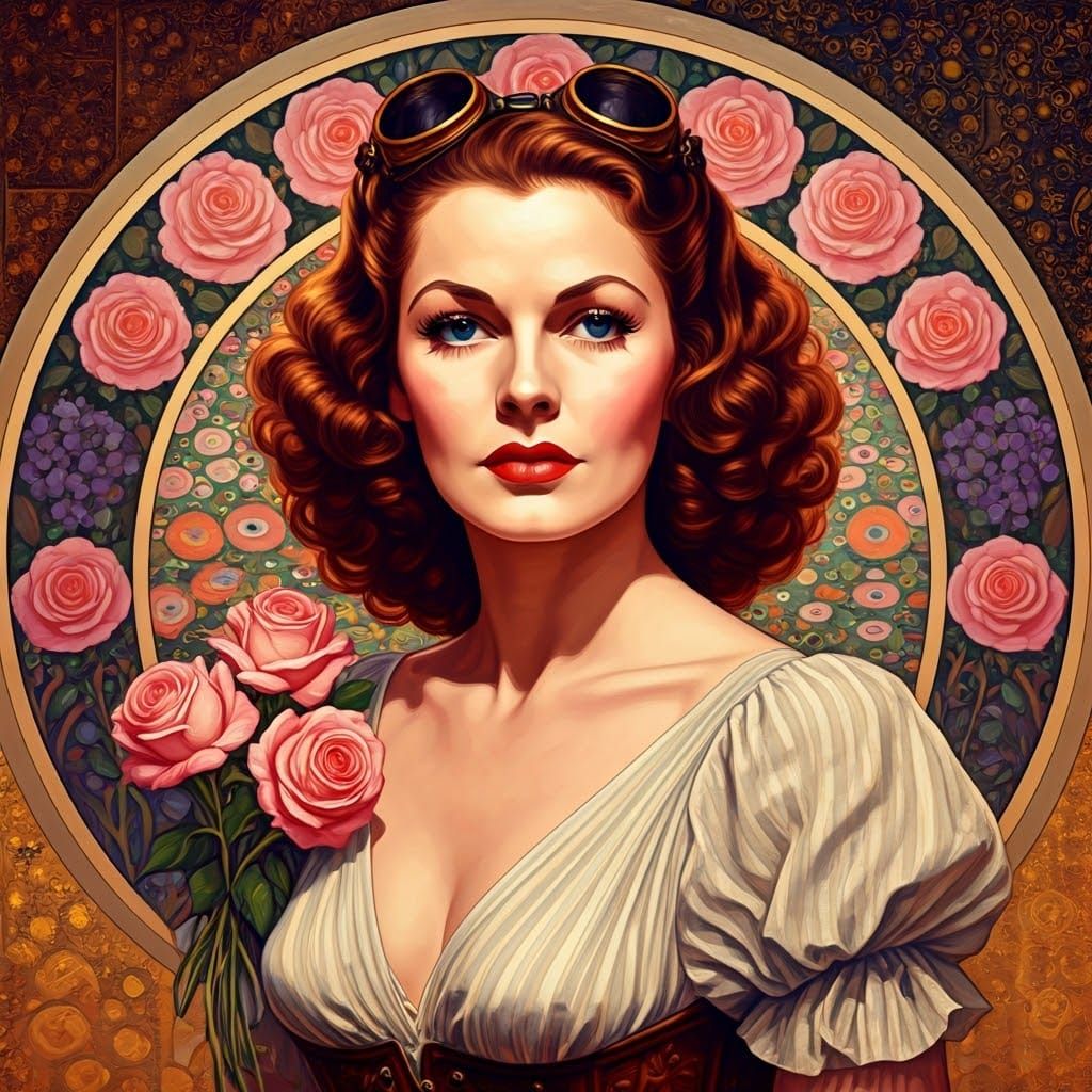 Portrait, Hedy Lamar, roses, Steampunk Outfit Oil Painting F...