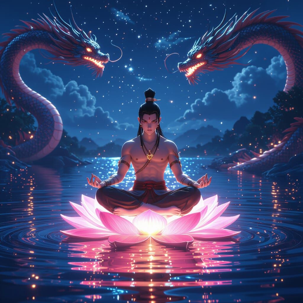 Nezha on Glowing Lotus with Dragons
