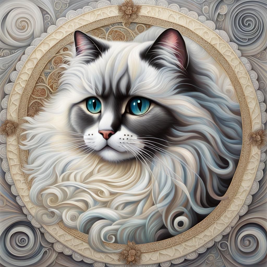 Detailed Oil Painting of a Fluffy Ragdoll Cat