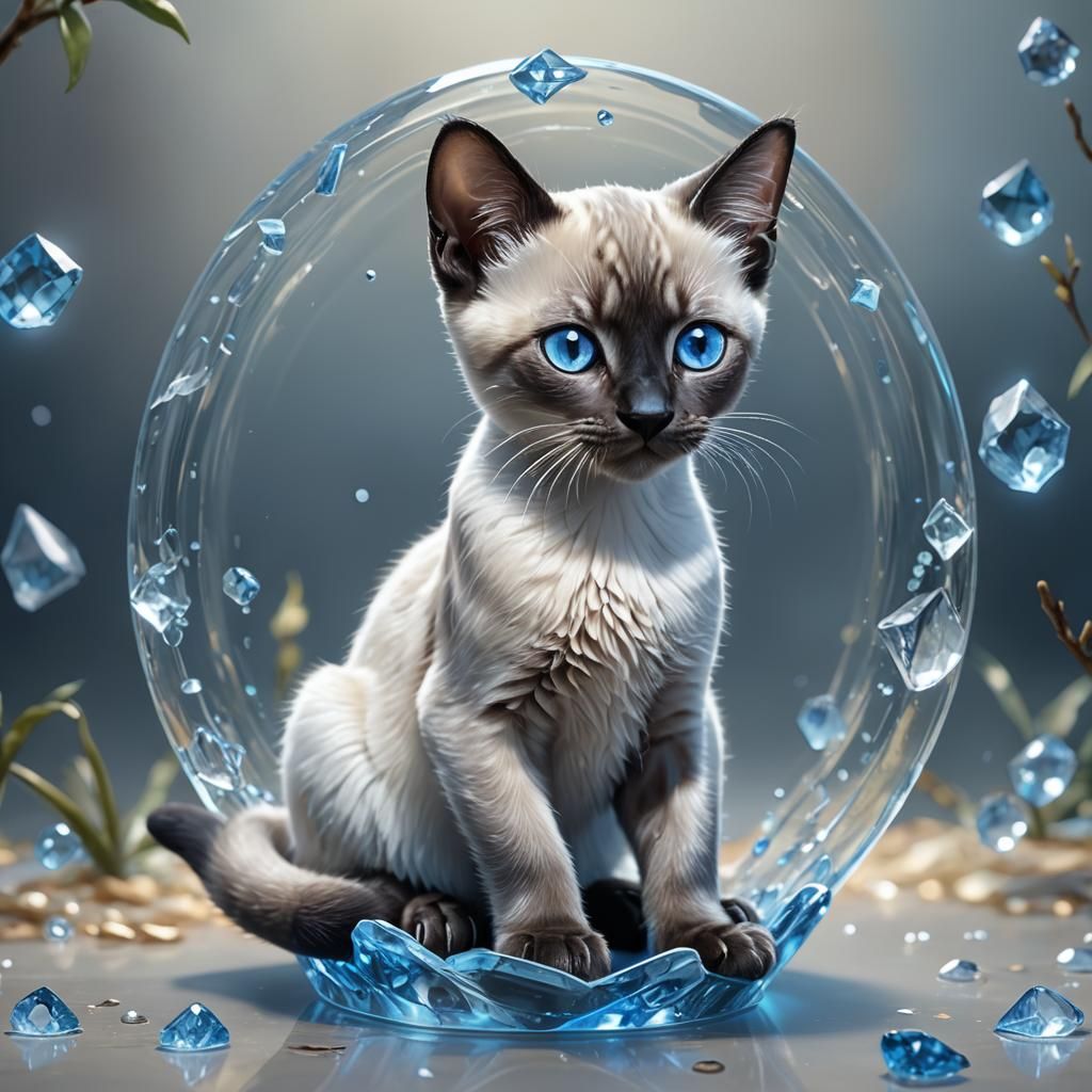 Bioluminescent Siamese Kitten in Crystal Glass Sculpture
