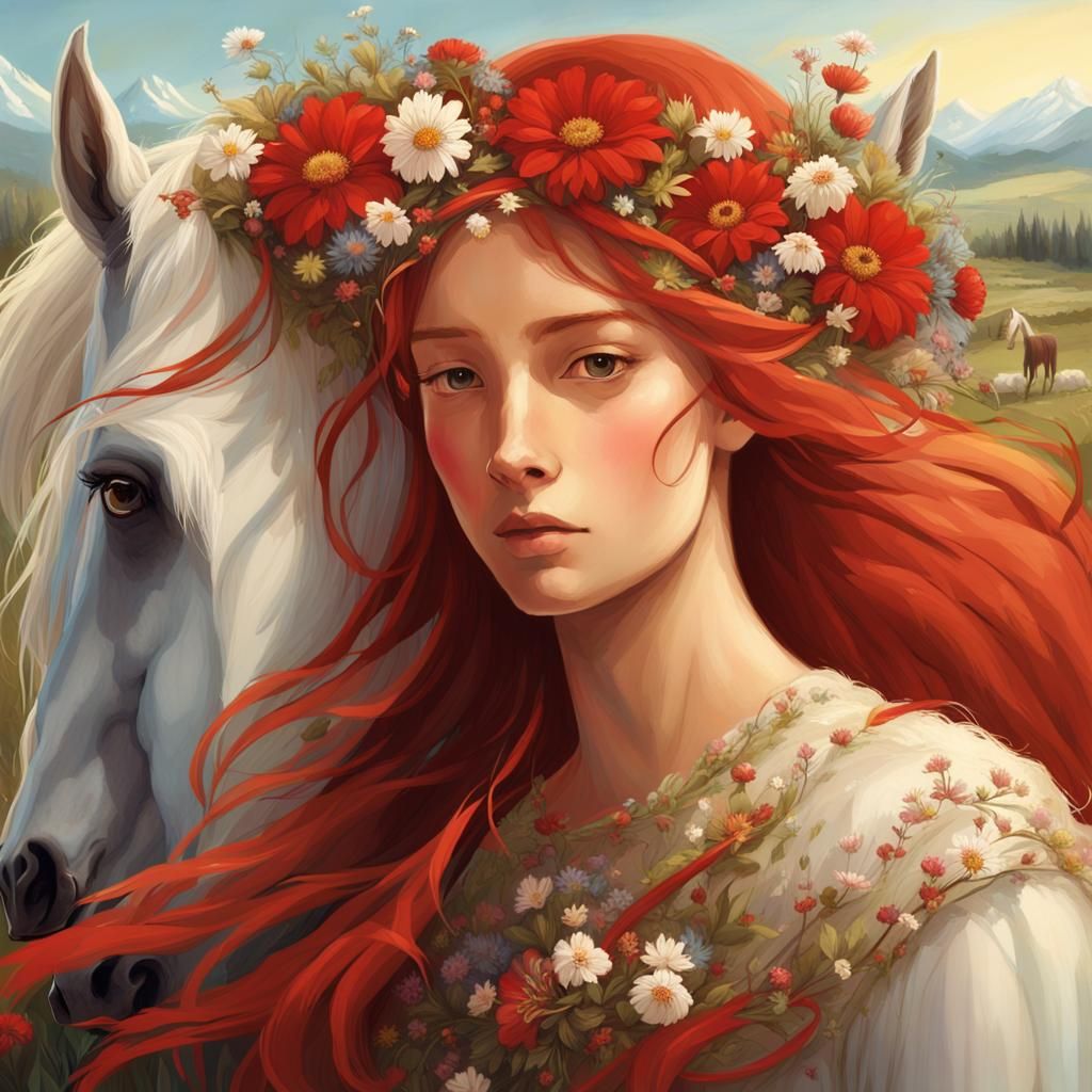 Fairy Ravijojla and Light Horse in Meadow