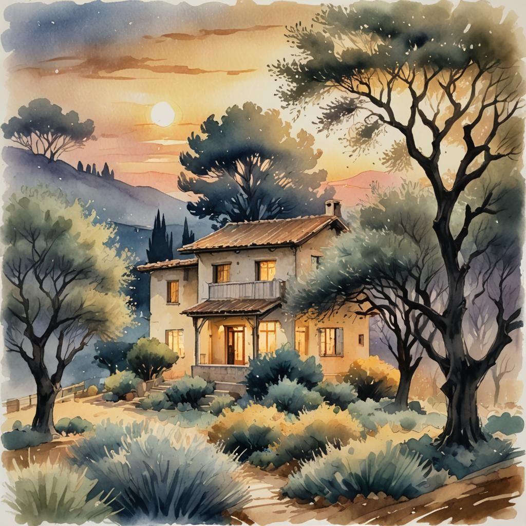 Manga Watercolor Landscape with Lit House