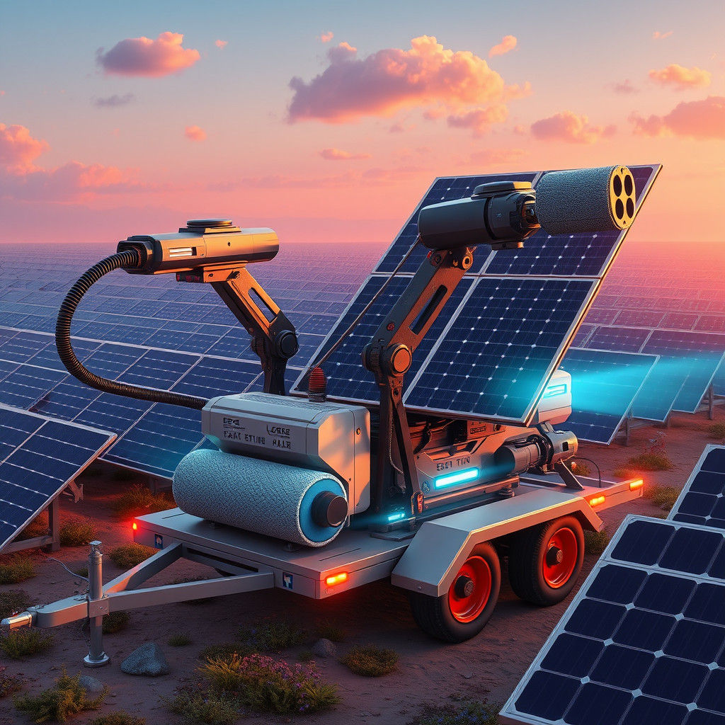 Futuristic Solar Panel Cleaning Device in Dreamlike Setting