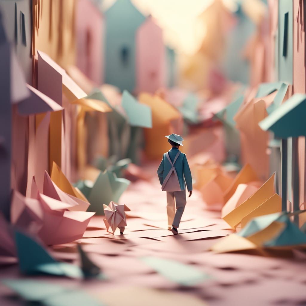 Origami Man Walks Paper City Street