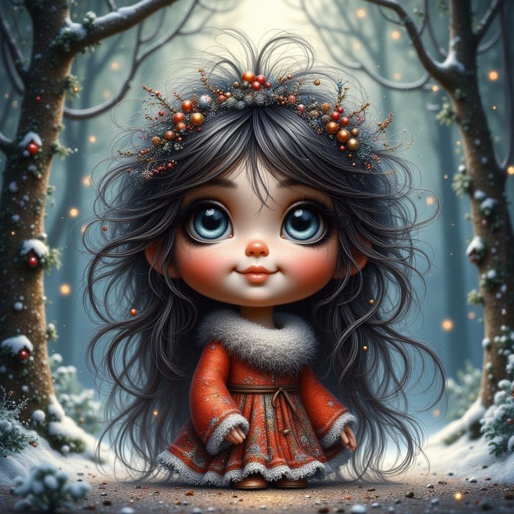 Joyful Gnome Girl in Enchanted Forest, Watercolor & Oil Pain...