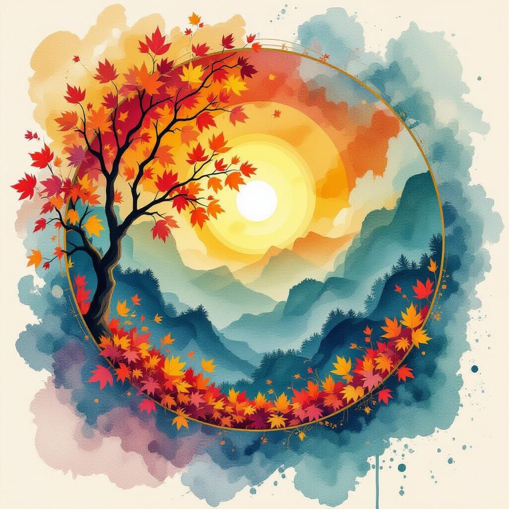 Vibrant Equinox Scene with Suminagashi Patterns and Watercol...