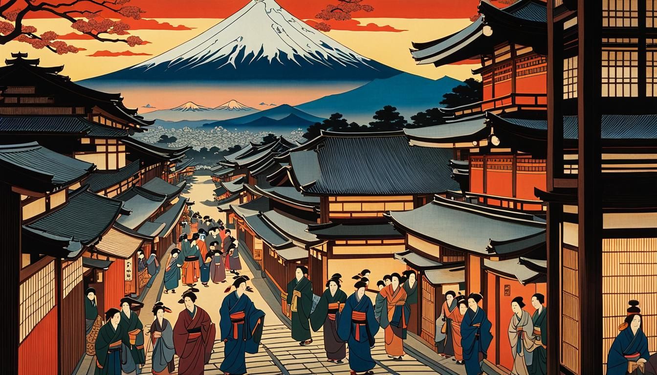 Mount Fuji and Old Japan Street in Ukiyo-e Style