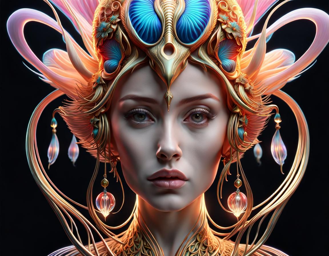 Bioluminescent Goddess Portrait with Phoenix and Nautilus