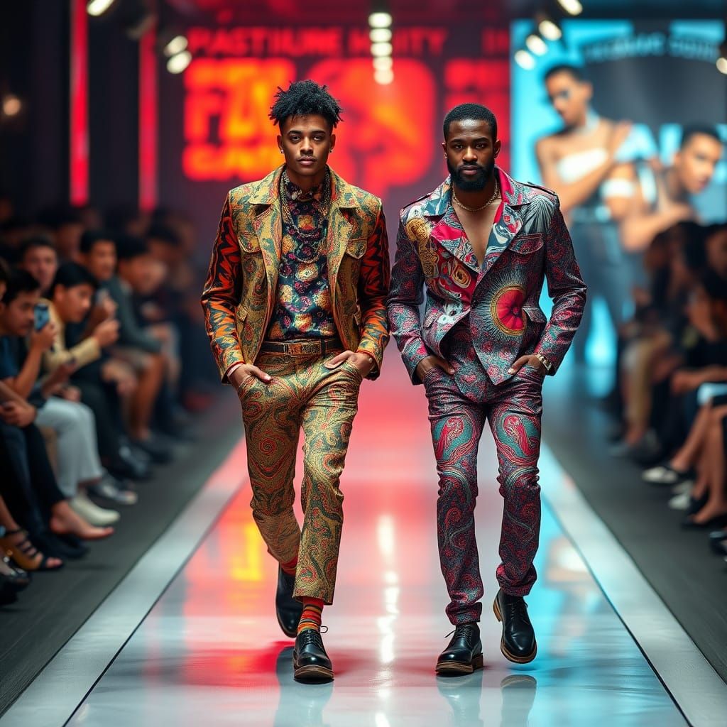 Vibrant Men on Catwalk in High-Fashion Scene