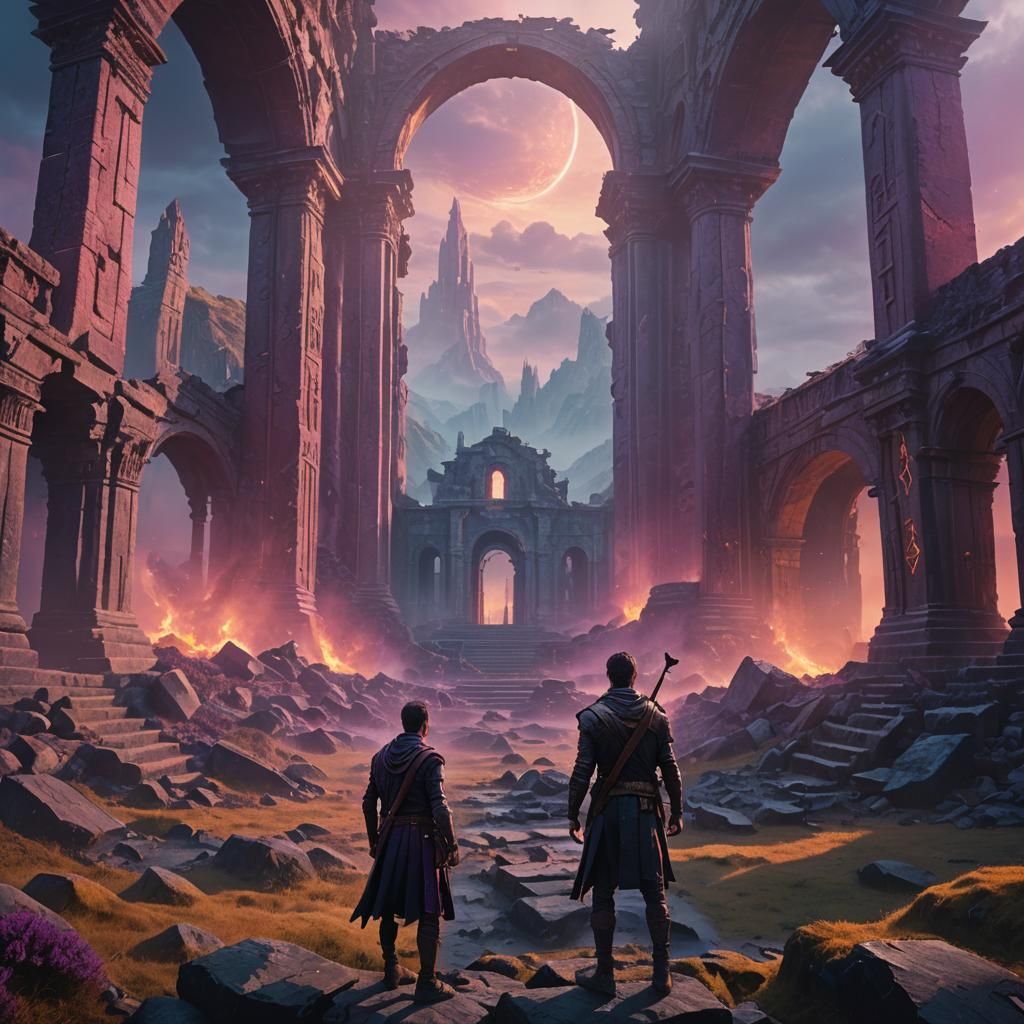 Heroic Figure in Mystical Fantasy Landscape