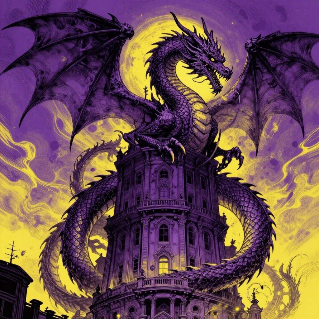 Giant Dragon Coiled Around Building in Alcohol Ink Style