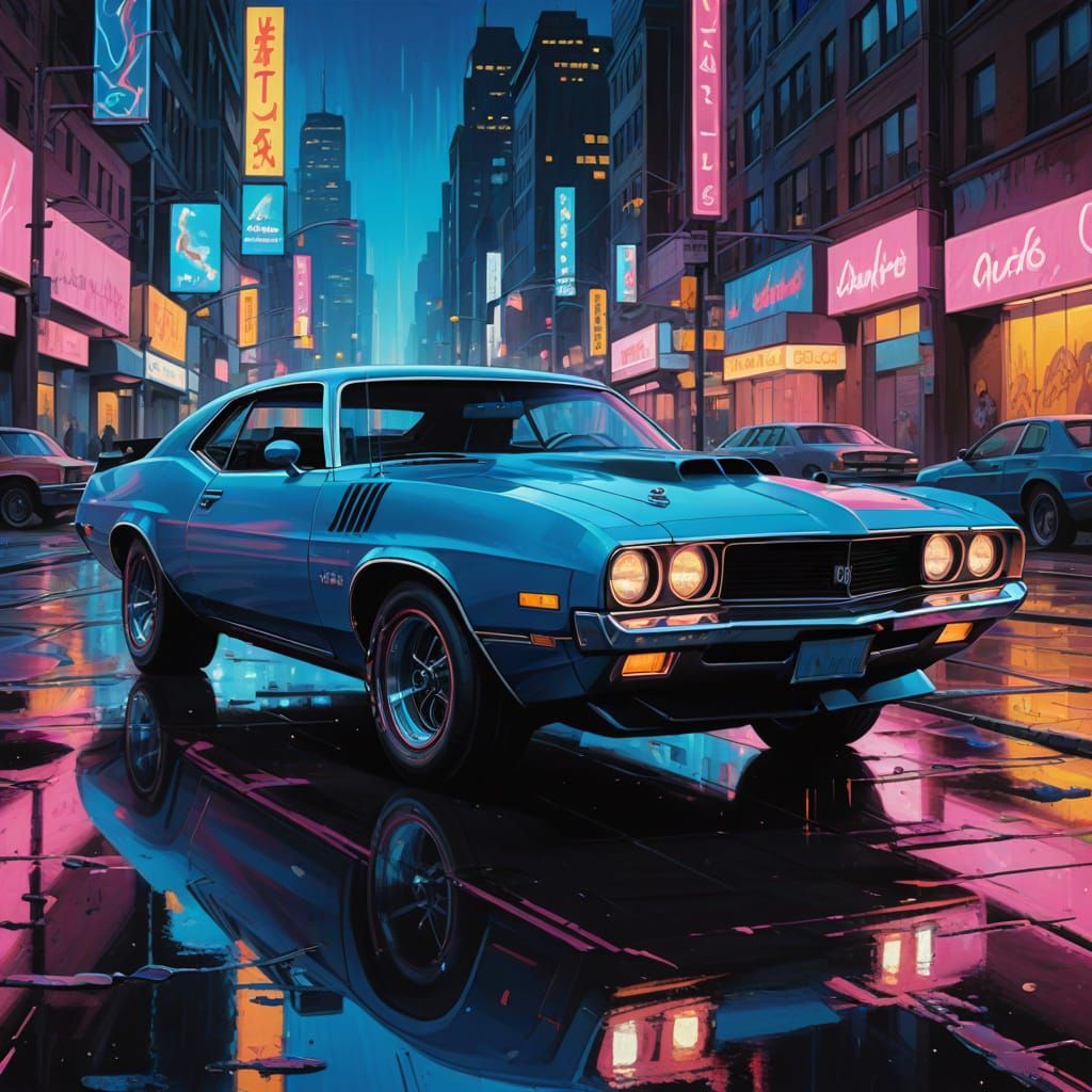 Retro Muscle Car Speeds Through Neon Cyberpunk City