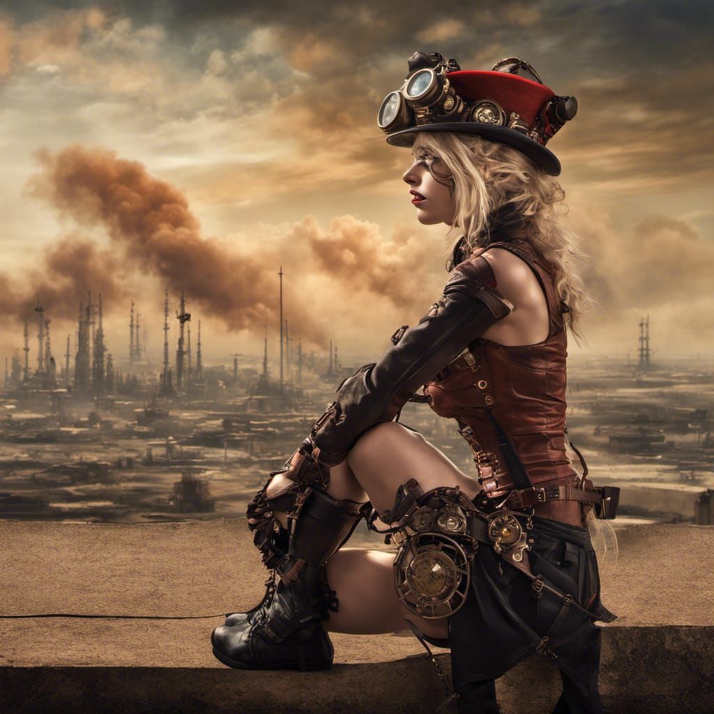 Steampunk Cyber Blondie in Dystopian Landscape