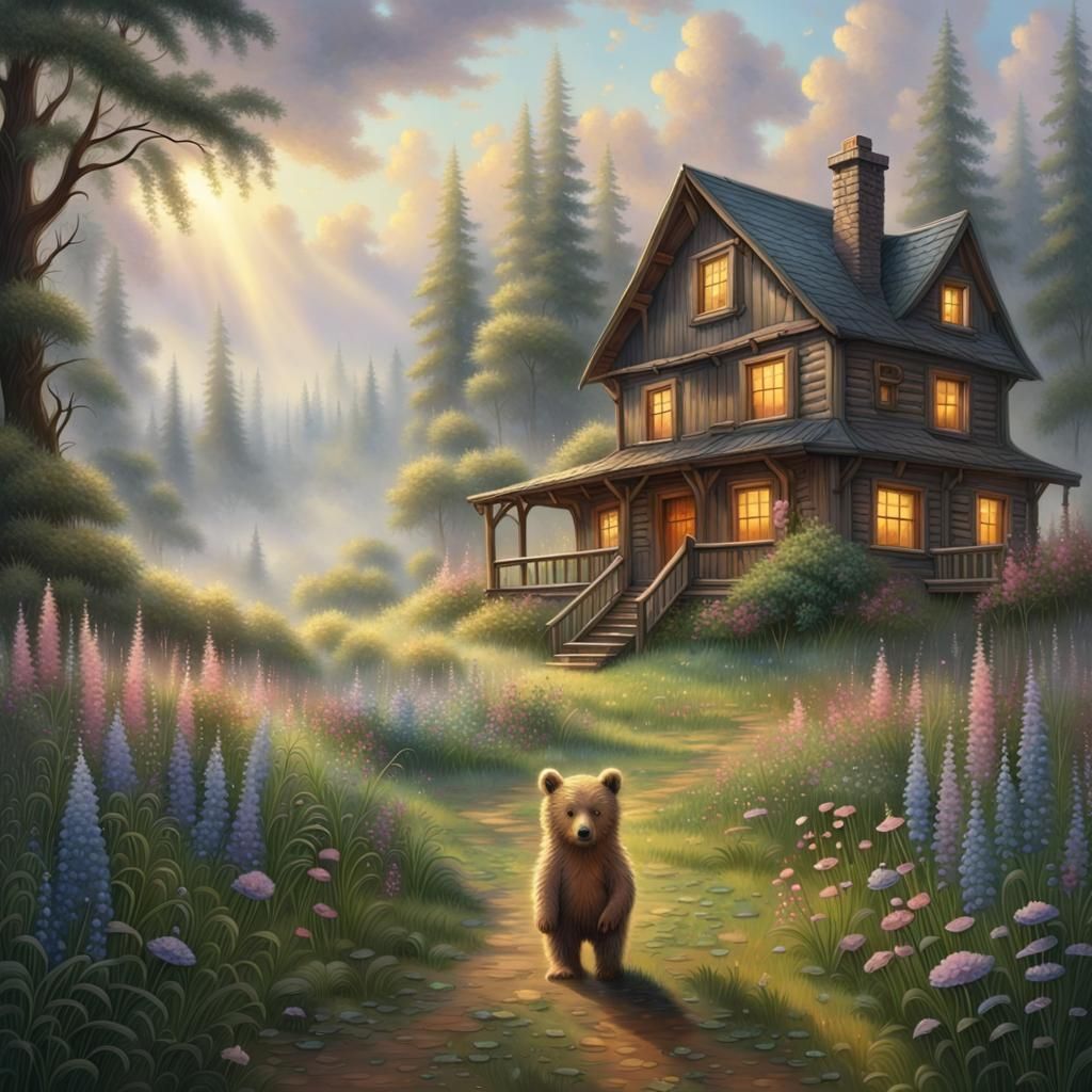 Sad Bear Cub Searches for Flowers in Meadow