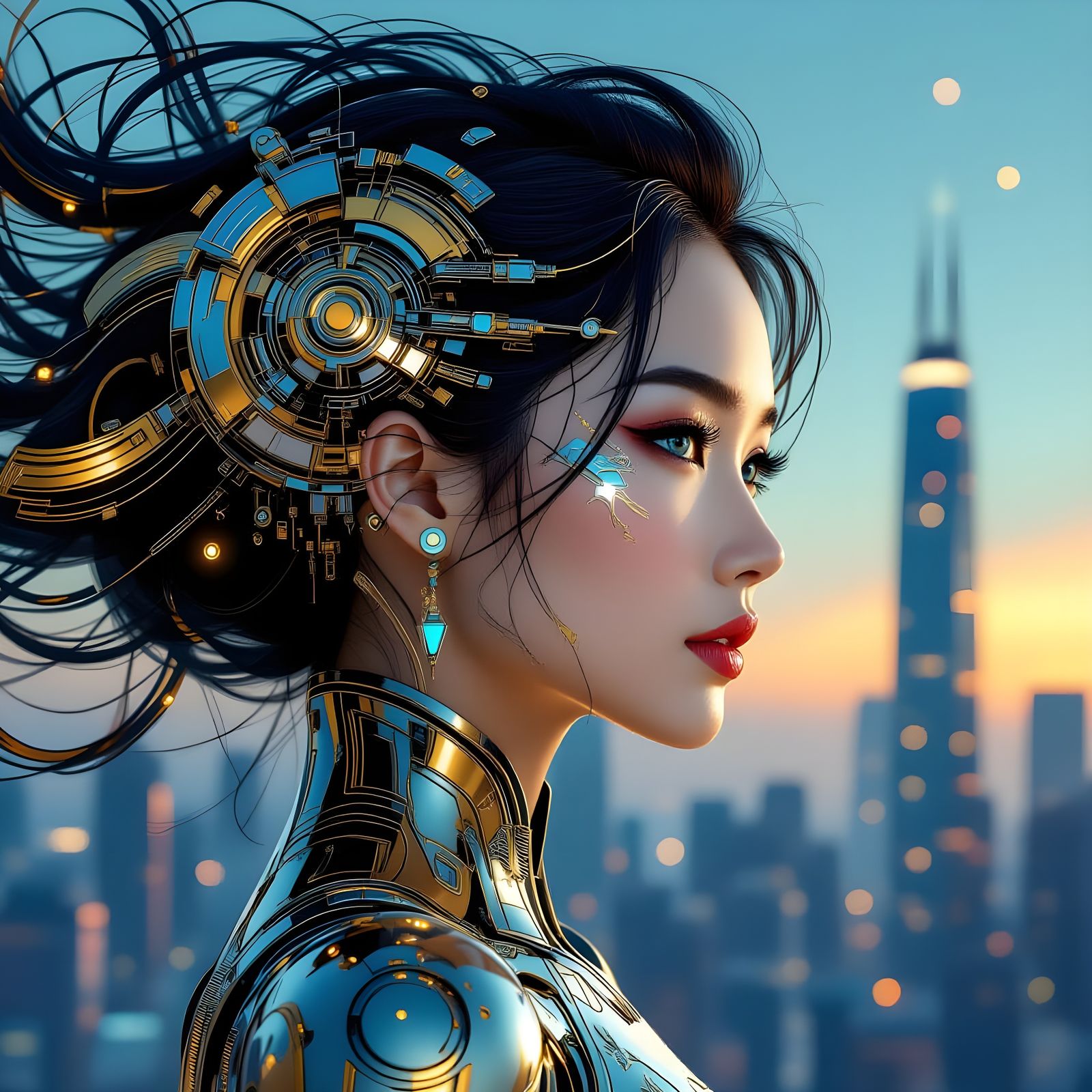 Futuristic Asian Woman with Cybernetic Art Deco Elements