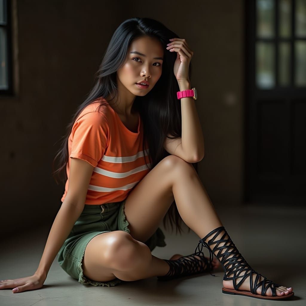 Filipina Woman in Orange T-Shirt and Black Sandals, Caught i...